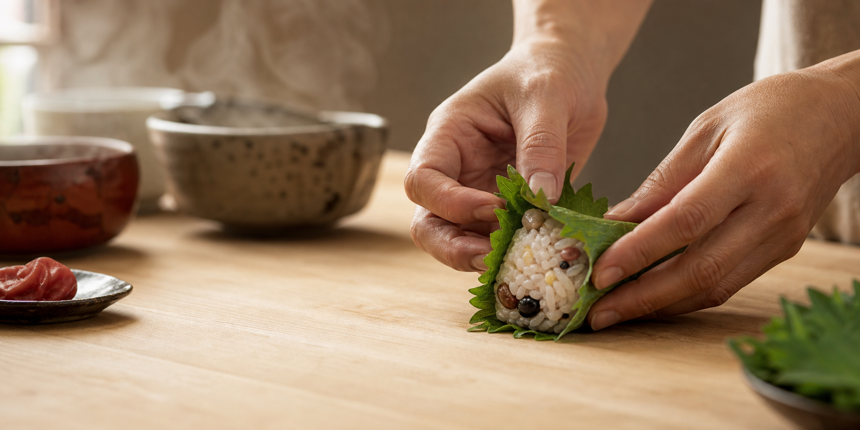 木の台所で雑穀むすびを包む手元